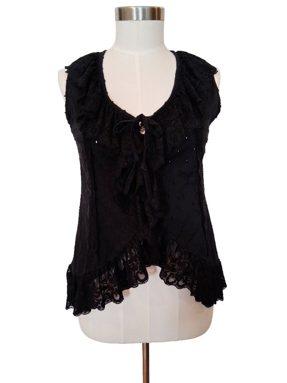 Vtg 90s Boho Western Black Eyelet & Ruffled Lace Sleeveless Top or Vest Small